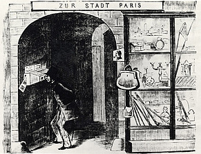 Pozorování stereosnímku před obchodním domem U města Paříže v Praze kolem 1865.
