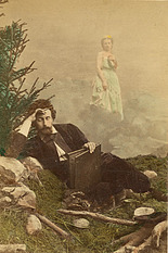 Anonym: Básníkův sen, kolem 1870 (montáž), kolorovaná vizitka